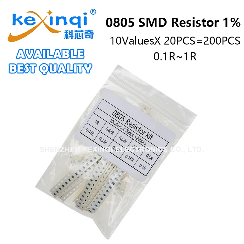 200PCS 0805 SMD Resistor Assorted Kit 10ValuesX 20PCS 0.1ROhm~1R 1% 0.22 0.33 0.47 0.15 0.68 R Ohm