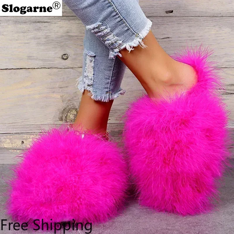

Women's 2025 Autumn Winter Faux Fur Slippers Woman Luxury Furry Plush Warm Slippers Girls Home Cotton Shoes Indoor Fur Slides