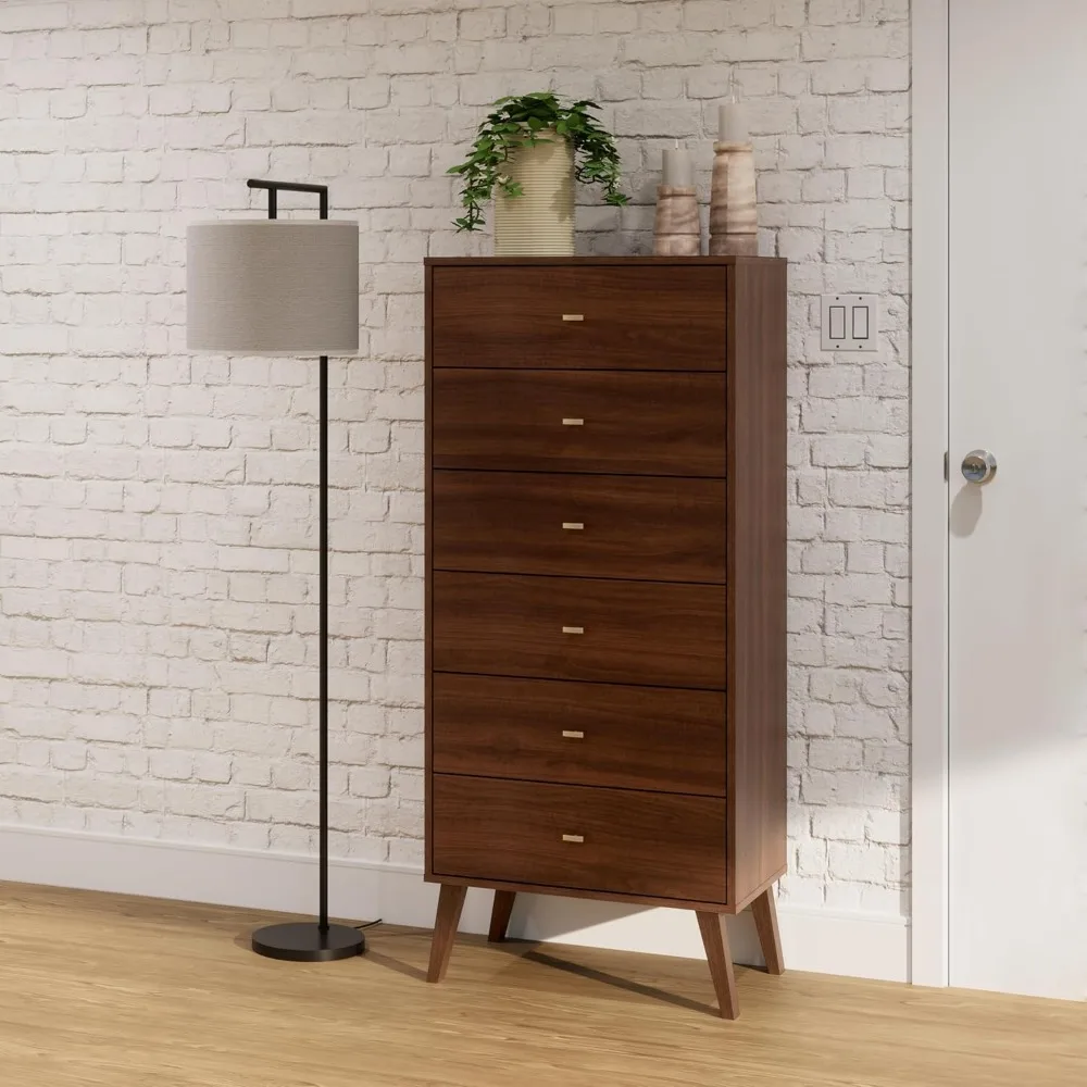 Komoda z 6 szufladami w stylu Mid-Century Modern firmy Prepac Milo, wysoka i wąska komoda do sypialni w stylu retro, meble do przechowywania bielizny, 18 cali