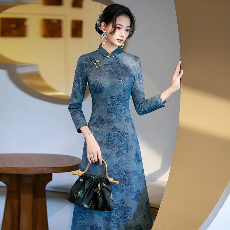 Yourqipao Autumn Blue Long-Sleeved Modified Cheongsam Retro Elegant Banquet Qipao Mother Chinese Style Evening Dress for Women