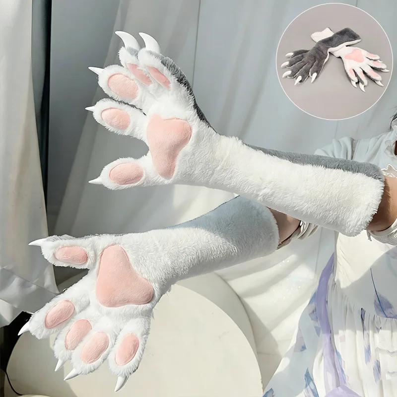 Anime Animal Paw Gloves 5 Finger Furry Claw Mittens Cute Plush Pads Resin Nails Cosplay Fursuit Paws Kig Accessories 6 Colors - view 5