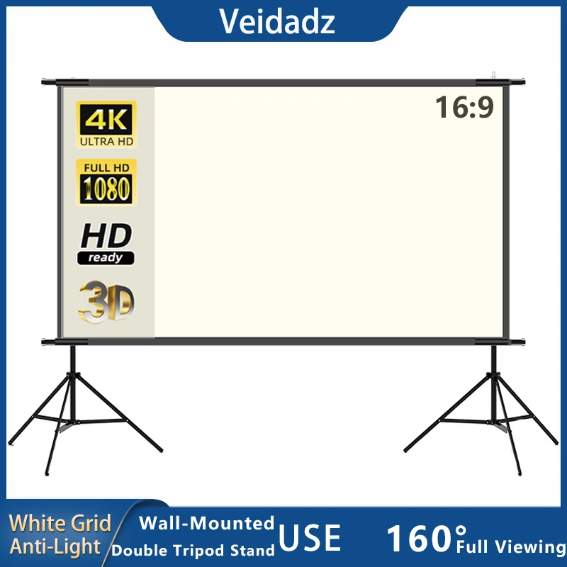 

VEIDADZ Projector Screen With Stand White Grid Anti-Light 160 ° Viewing Angle 100 120 inch Double Bracket Screen indoor Outdoor