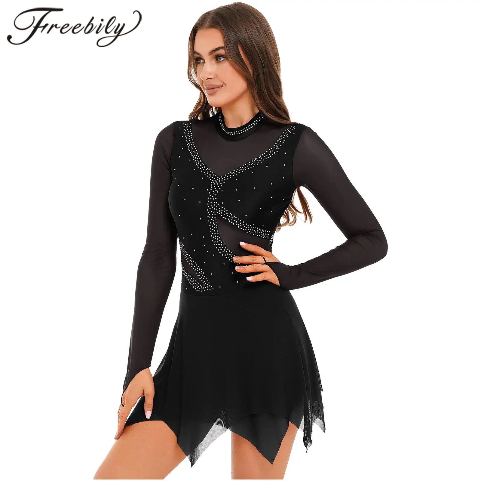 Women's Ice Skating Dress Shiny Rhinestones Figure Skating Costume Long Sleeves Gymnastics Skirted Leotard Ballet Dancewear