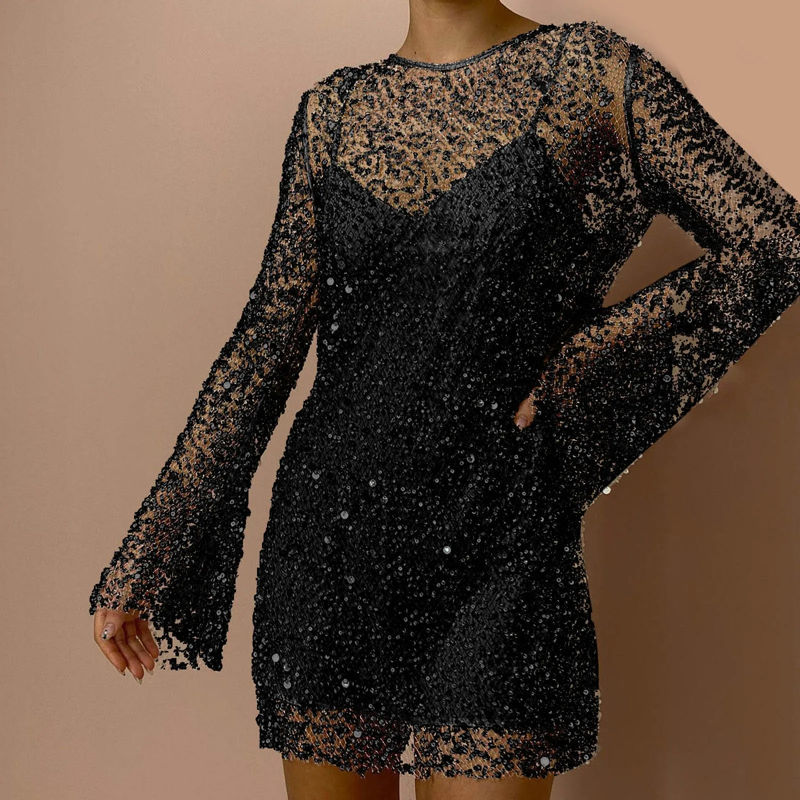 

Sexy Sequin Shiny Hollow Evening Dress Women V-neck Sling Dress Suit Party Wedding Long Sleeve See Through A-Line Mini Dress