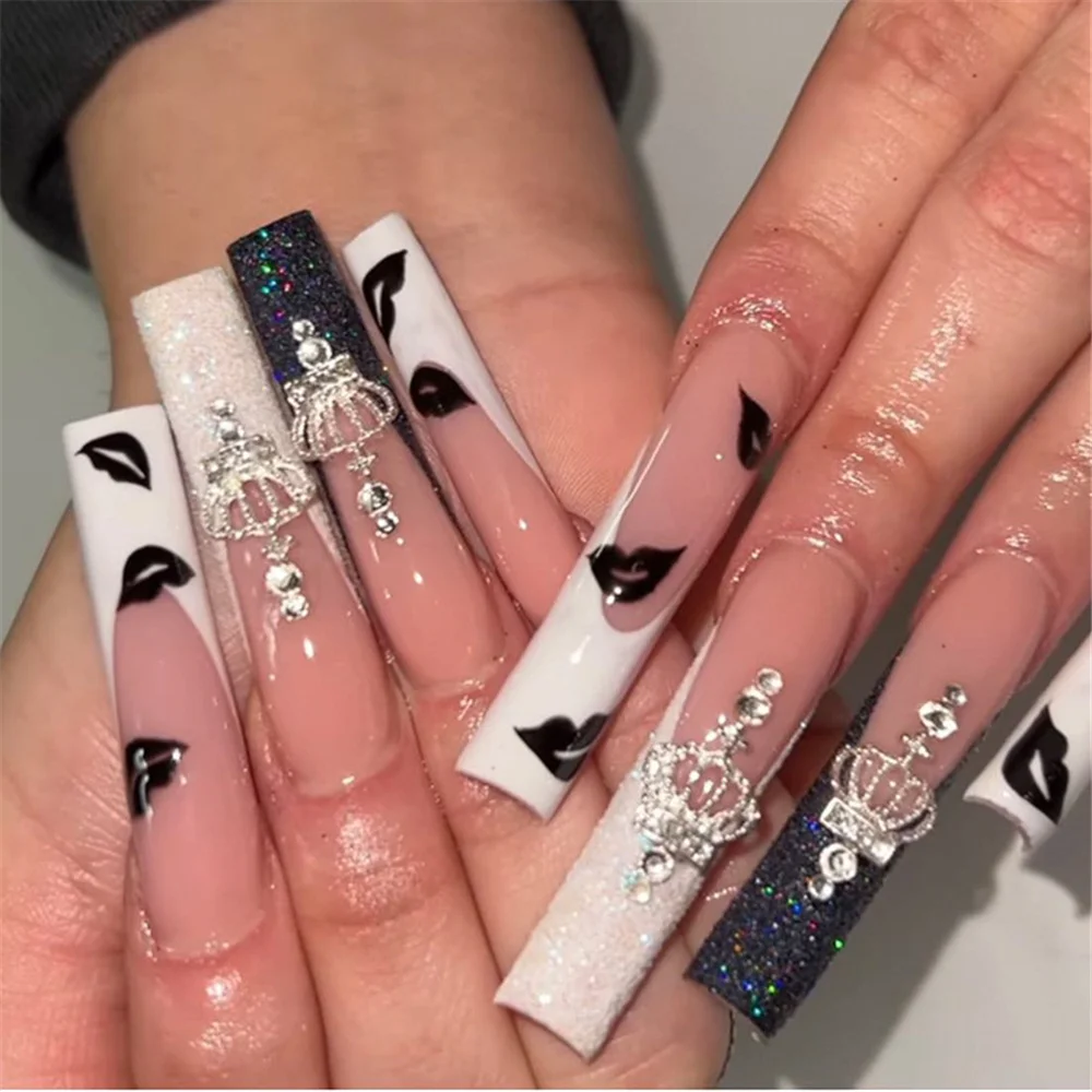 Black Lip Print Ballerina Fake Nails With Designs Fashion Crown Decor False Nails Set Press On Nails Fashion Party Manicure