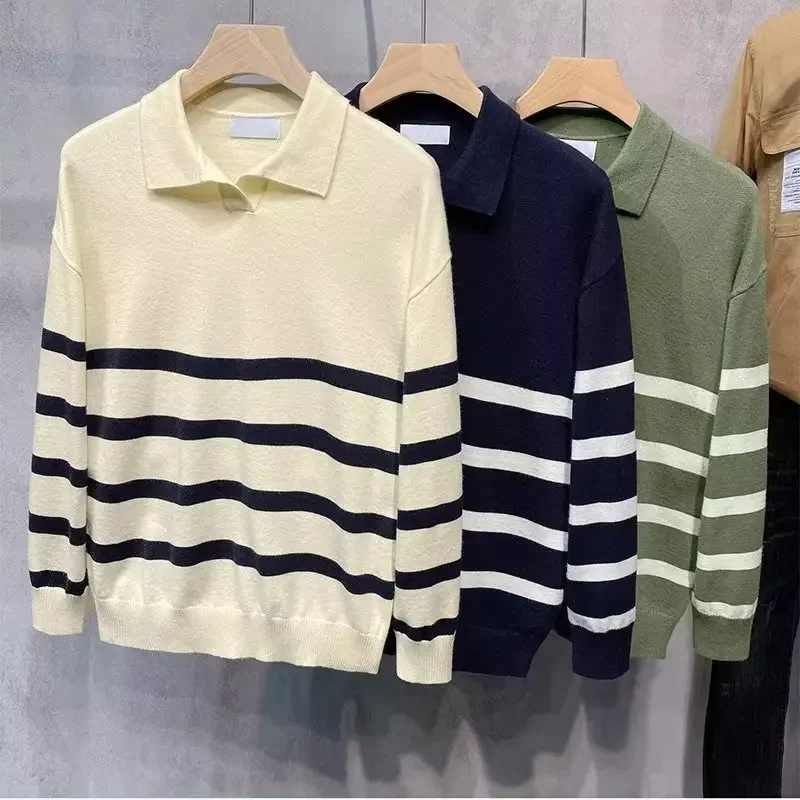 Autumn Simple Lapel Striped Sweater For Men Casual Vintage Korean Fashion Knitwear Top New Y2K Loose Knitted Pullover Jumper