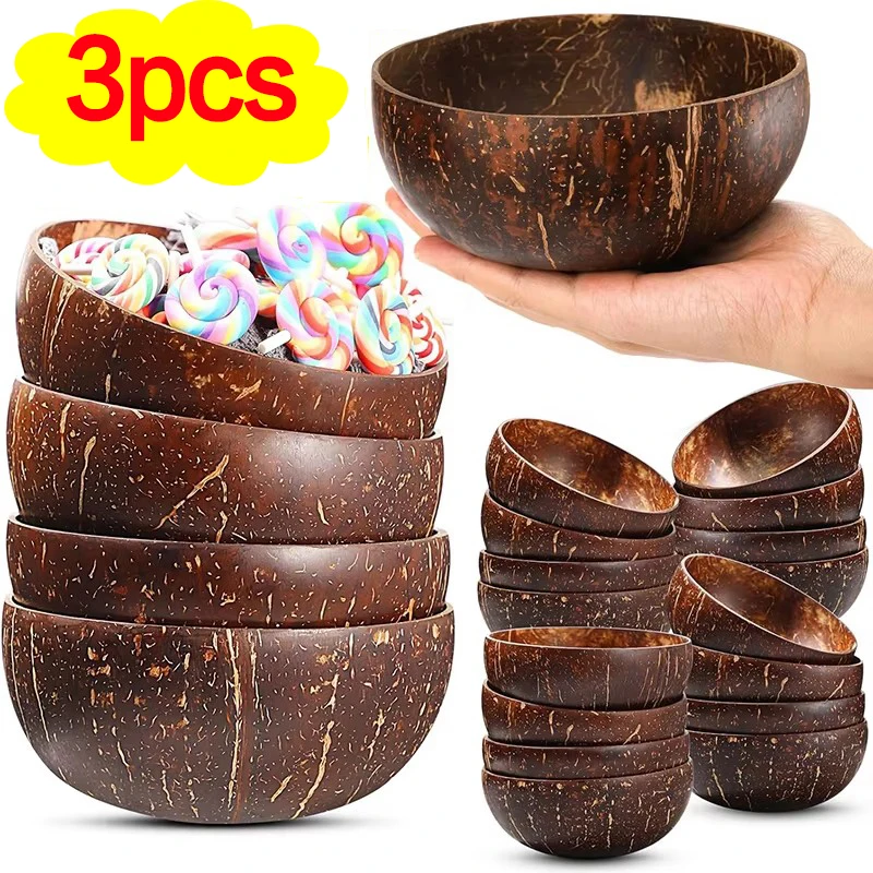 1/3Pcs 12-15cm Natürliche Kokosnuss Schüssel Teller Obst Salat Holz Wiederverwendbare Utensilien