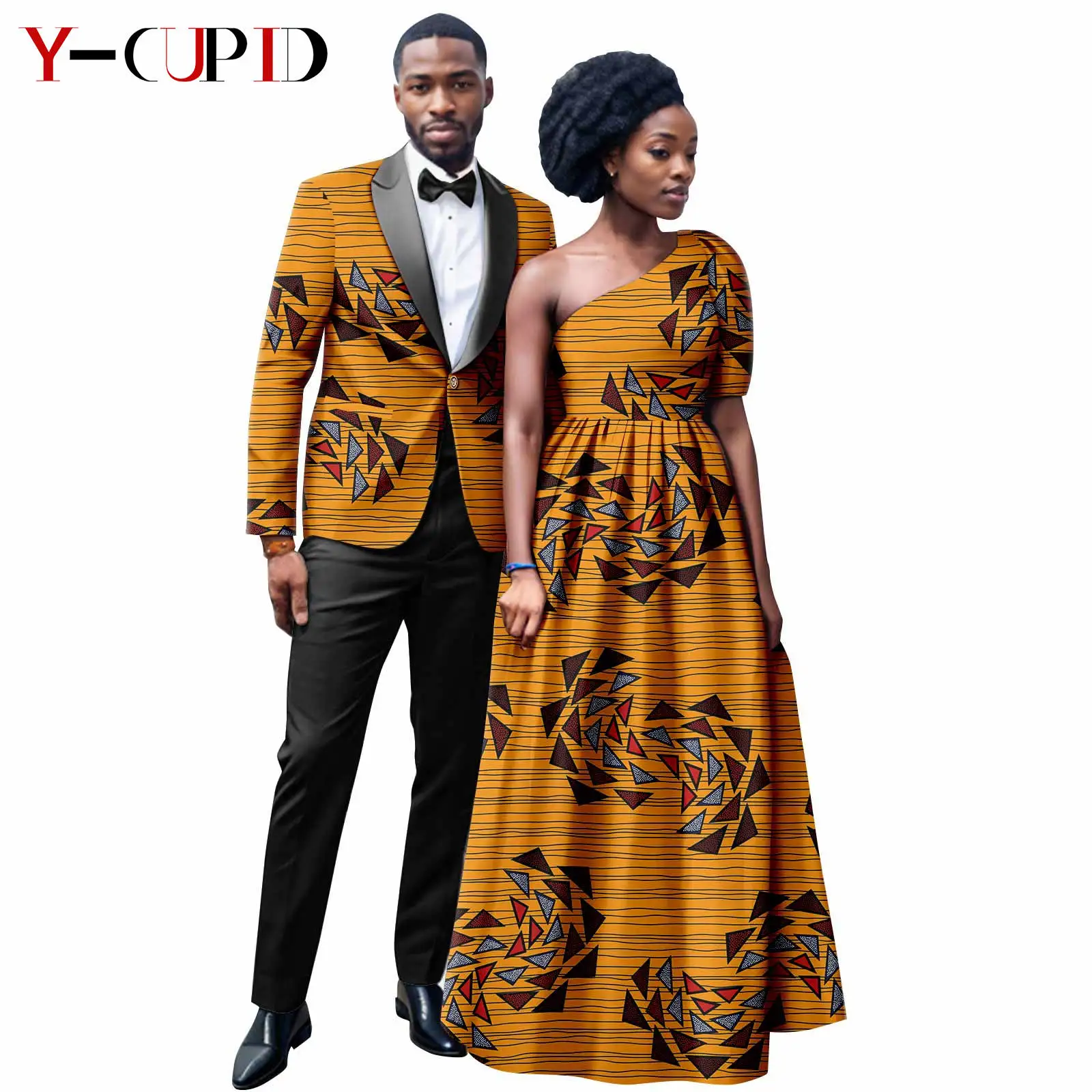 

African Matching Outfit for Couples Dashiki Women Print Dresses Bazin Riche Men Suits Print Bowtie Jackets and Pant Sets Y23C111