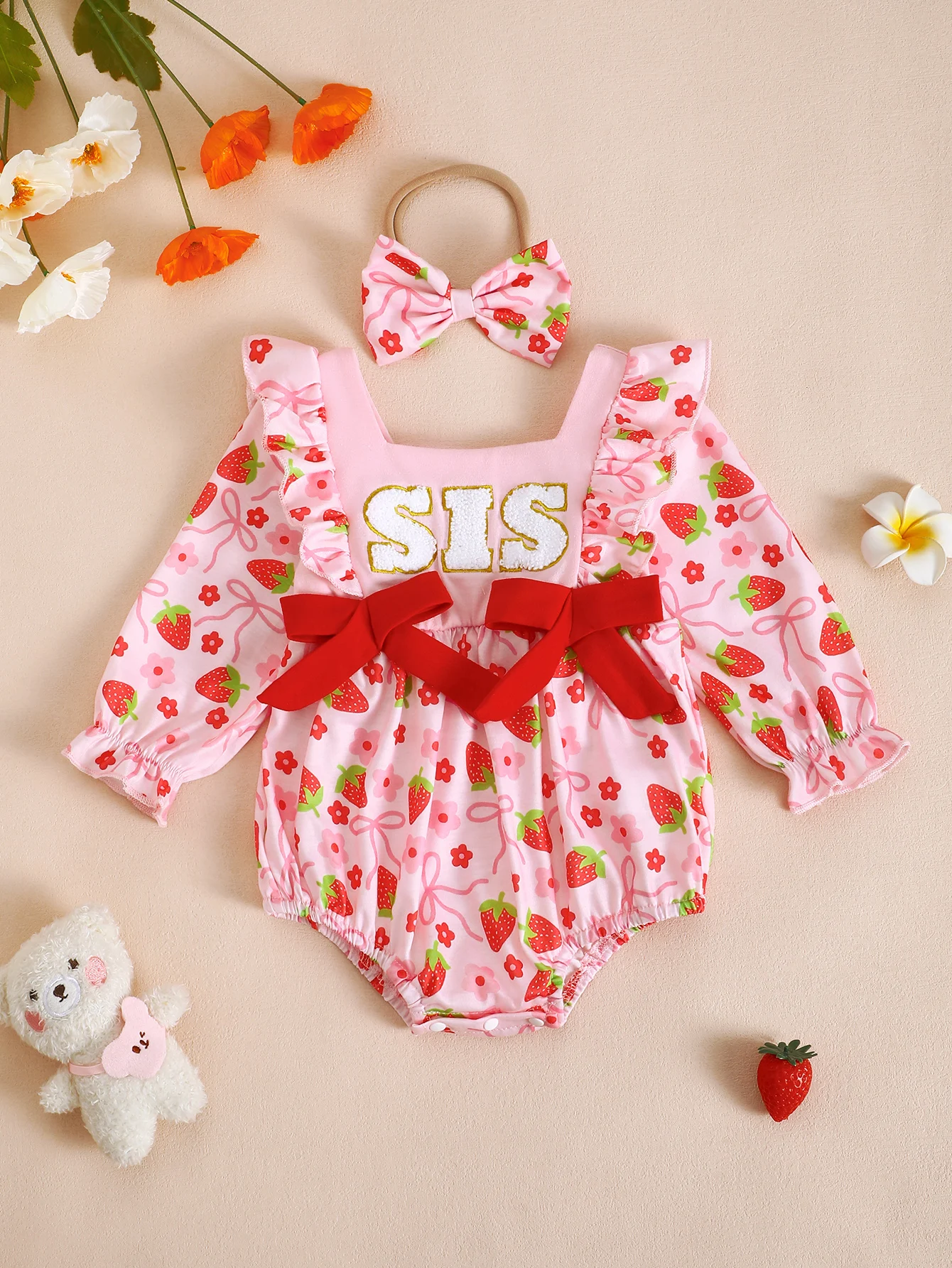 Spring Strawberry Pattern Baby Girl Romper with Long Sleeves And Triangle Design Headband Infant Clothing Set