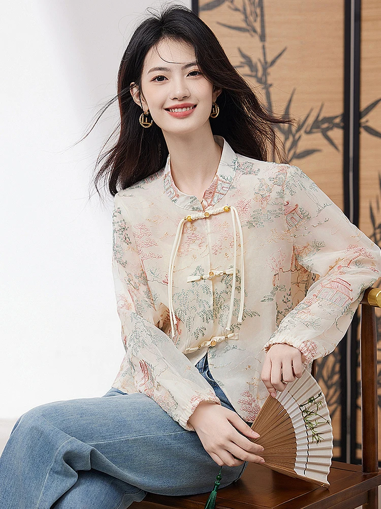 

Шикарная китайская женская блузка на пуговицах, весна 2026, новинка, премиум-класс, омолаживающий эффект, модная, с длинным рукавом, из полиэстера