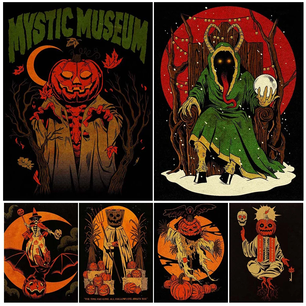 

Pumpkin Monster,Krampus Demon,Bat Witch Vintage Wall Art Canvas Painting Cursed Pumpkin Skull Art Poster Print Home Decoration