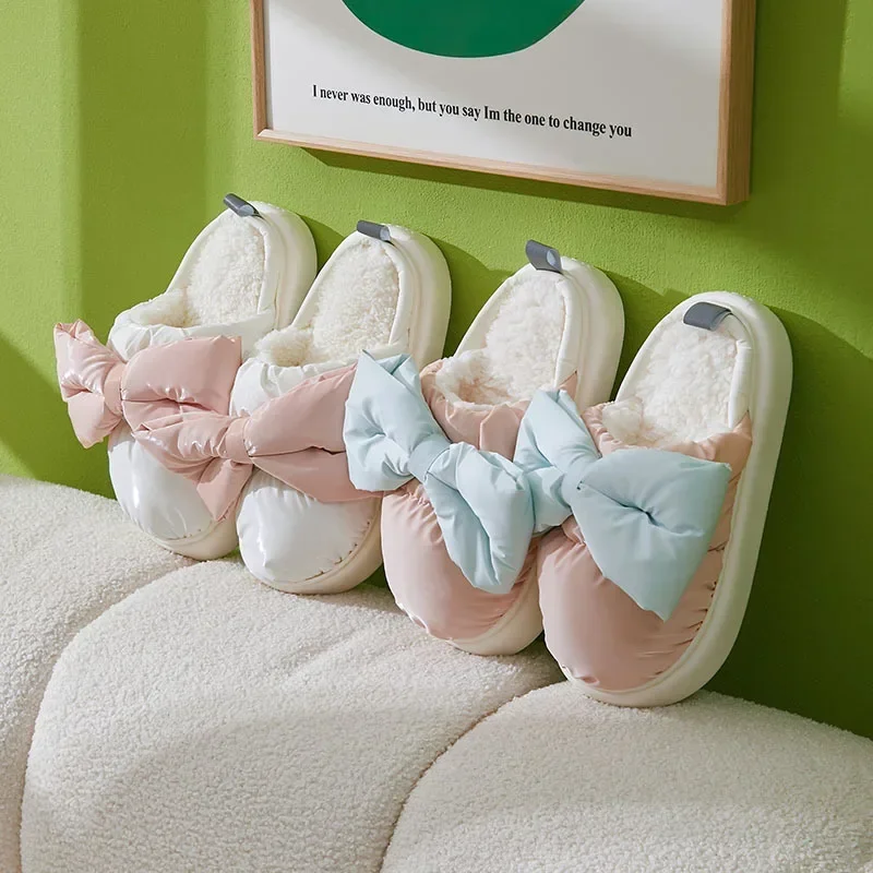 Winter Cute Children's Bow Tie Warm Plush Slippers Soft Sole Non-slip woman Indoor Home Heel Wrap Cotton Shoes