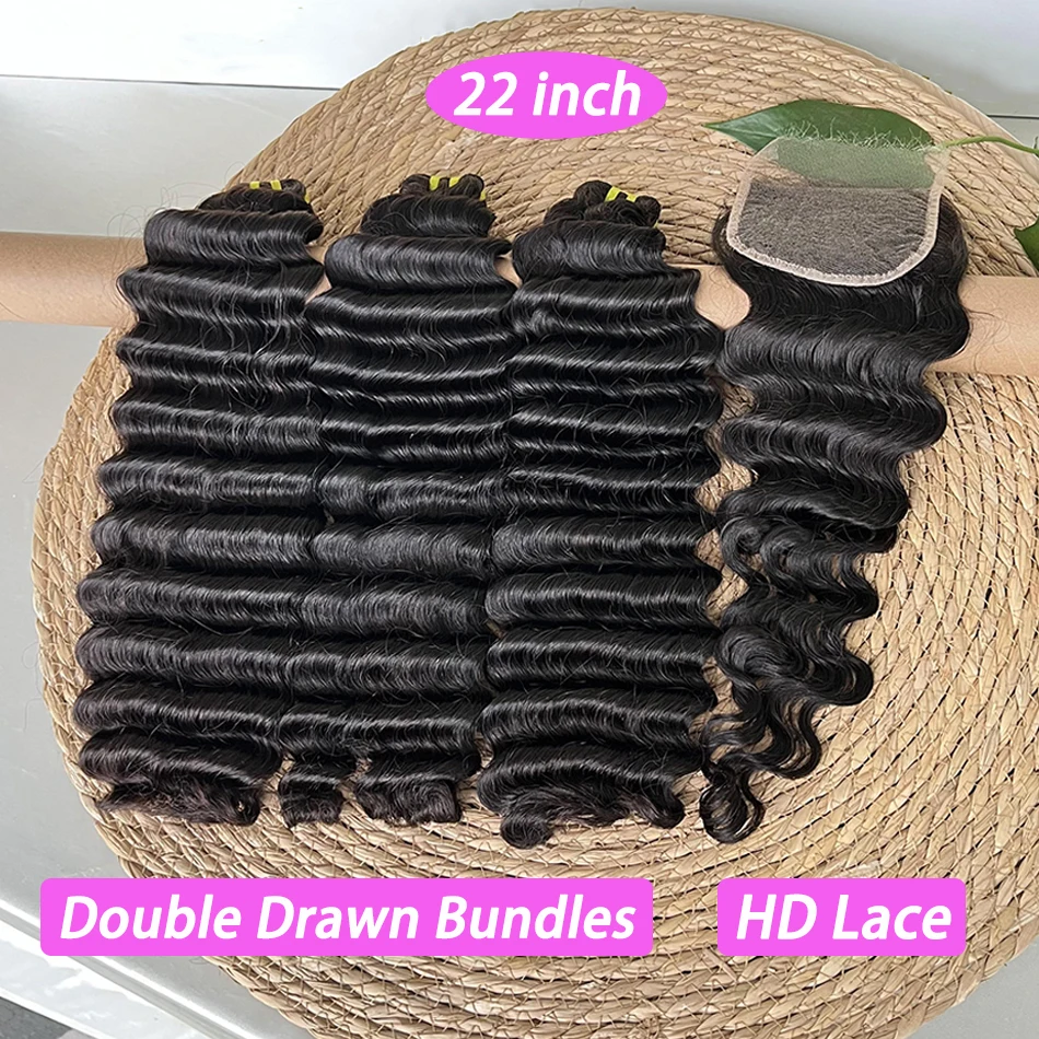 Deep Wave Double Drawn Human Hair Bundles With 13x4 HD Lace Frontal 4x4 5x5 HD Closure Natural Hair Weaving Extensions For Women