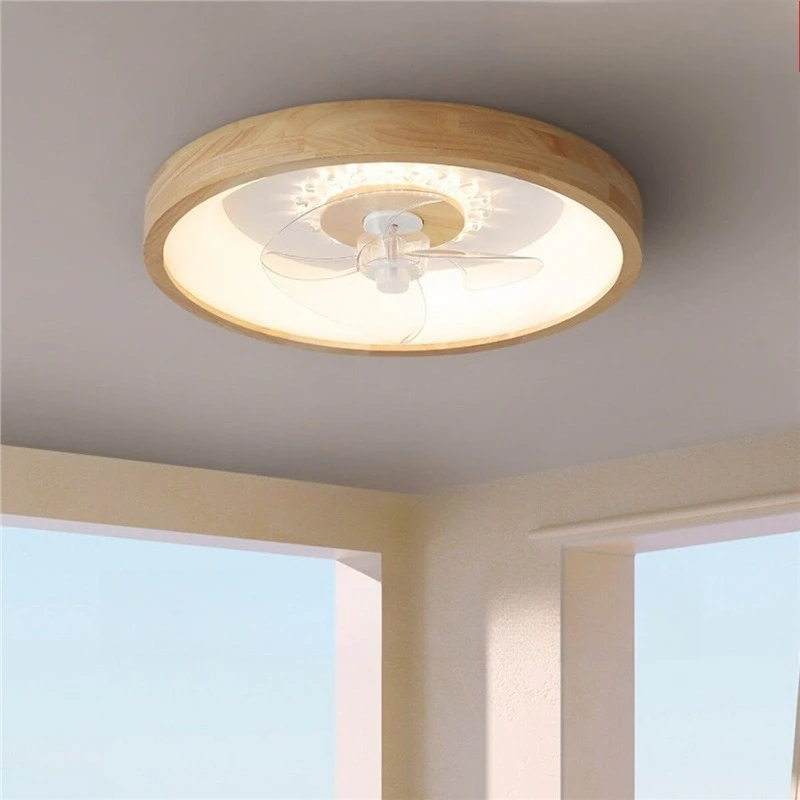 Nordic Solid Wood Acrylic Ceiling Fan Lamps Japanese Style Restaurant Bedroom Household Invisible Silent LED Ceiling Fan Lights
