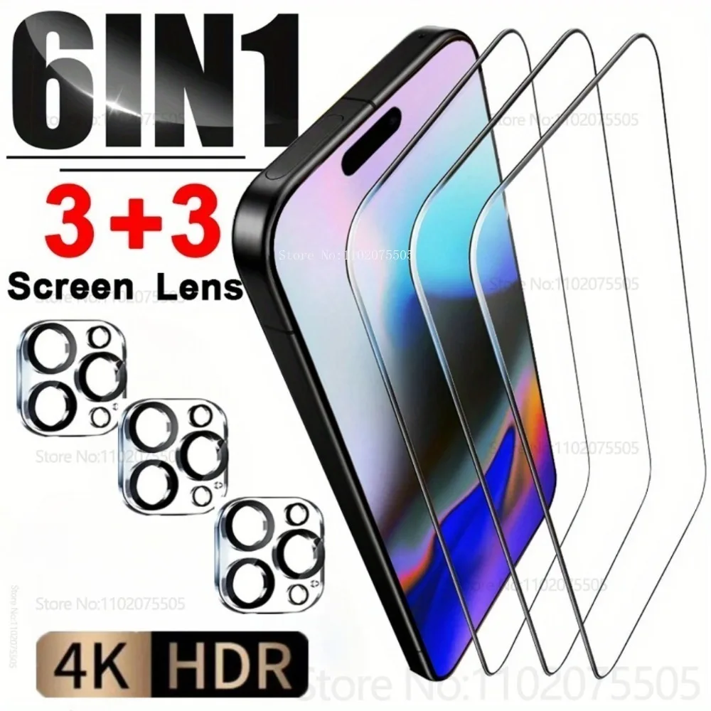 

[6-in-1] 3Pcs Black Border 9D Tempered Glass+3Pcs Camera Lens Cover for IPhone 17 Promax 13 12 11 Pro 14 Plus 16 15 Promax 17Air