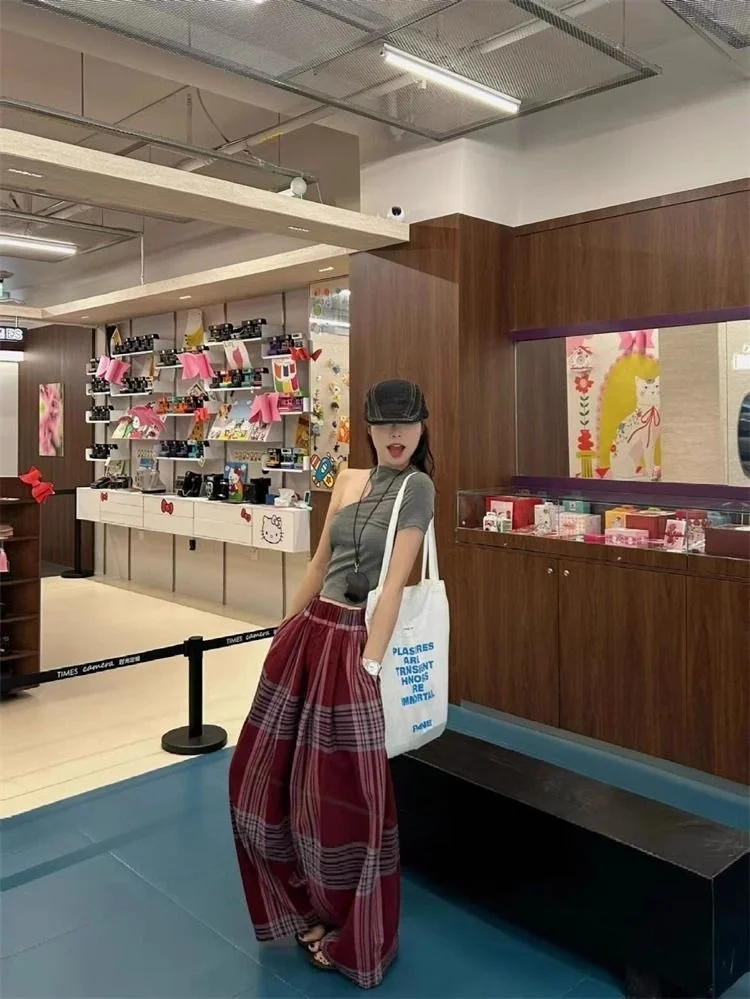 Pantaloni larghi larghi casual da donna sottili scozzesi retrò americani estivi Y2K Pantaloni da donna alla moda stile Harajuku stile millenario