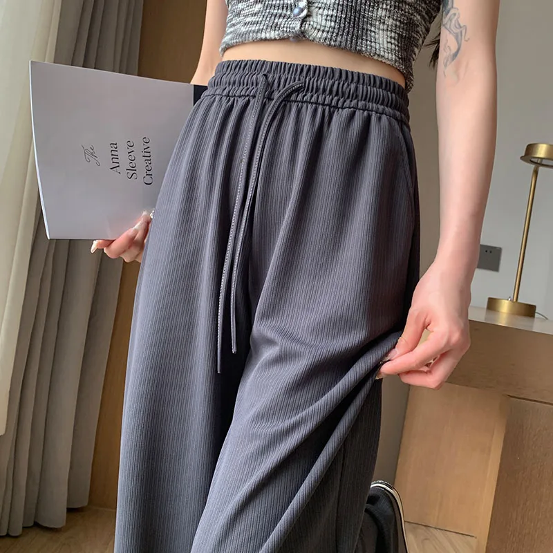 New Women\'S Spring Autumn Summer High Waist Draping Straight Tube Wide Leg Pants Versatile Casual Sunscreen Ice Silk Trousers