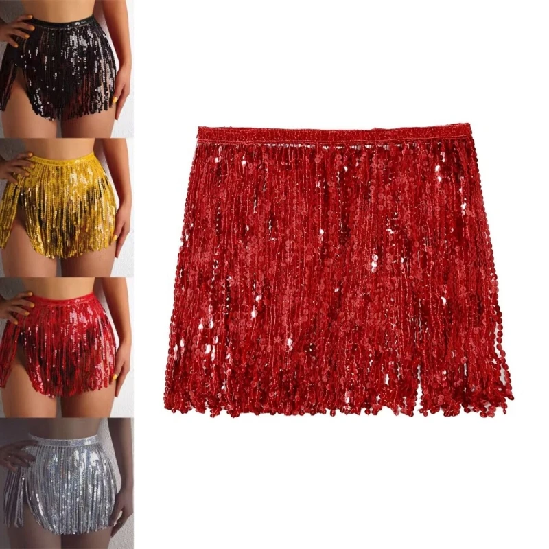 Belly Dance Hip Skirt Sequins Tassels Fringed Hip Scarf Elastic Waist Mini Skirts Costume Festival Outfit for Women