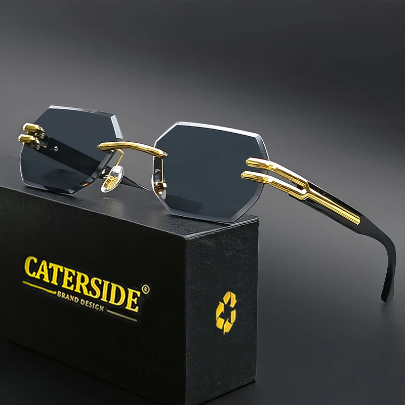 CATERSIDE Retro Frameless Sunglasses Men Polygonal Metal Frame Women Sun Glasses Business Outdoor Travel Gift Box Summer Style