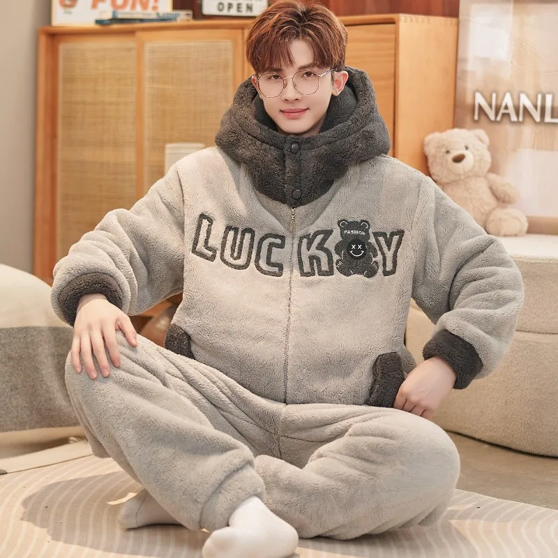 Men's Pajamas Thickened and Velvet Coral Velvet Teen College Students Men's Styles Underwear Autumn and Winter Hooded Lounge