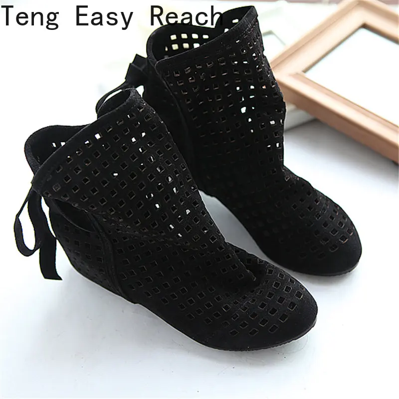 2023 New Women Summer Boots Flat Low Hidden Wedges Cutout Bow Boots Ladies Dress Casual Shoes Hot Sale Size 34-43 Botas Mujer 37