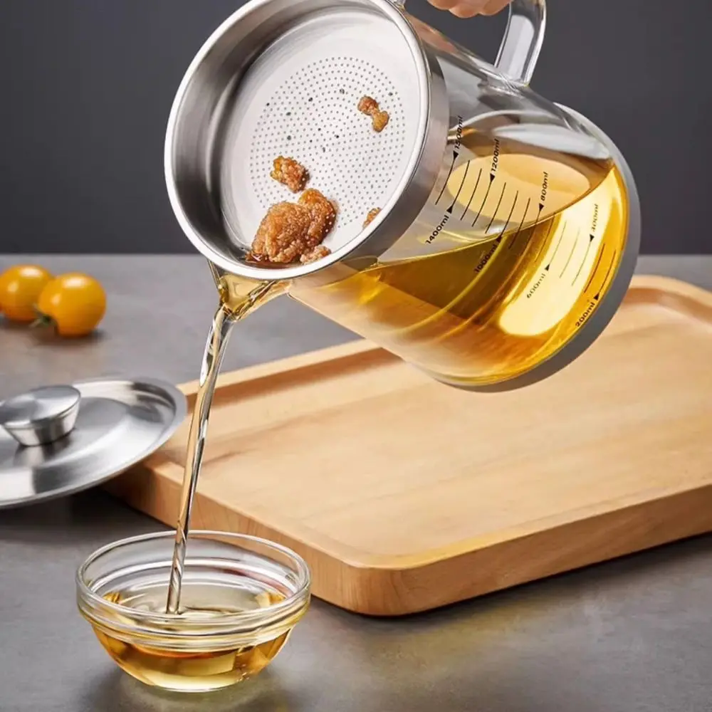 

1L/1.5L Capacity Glass Oil Filter Heat-Resistant Household Kitchen Seasoning Tank with Scale Fine Mesh Oil Filter Container