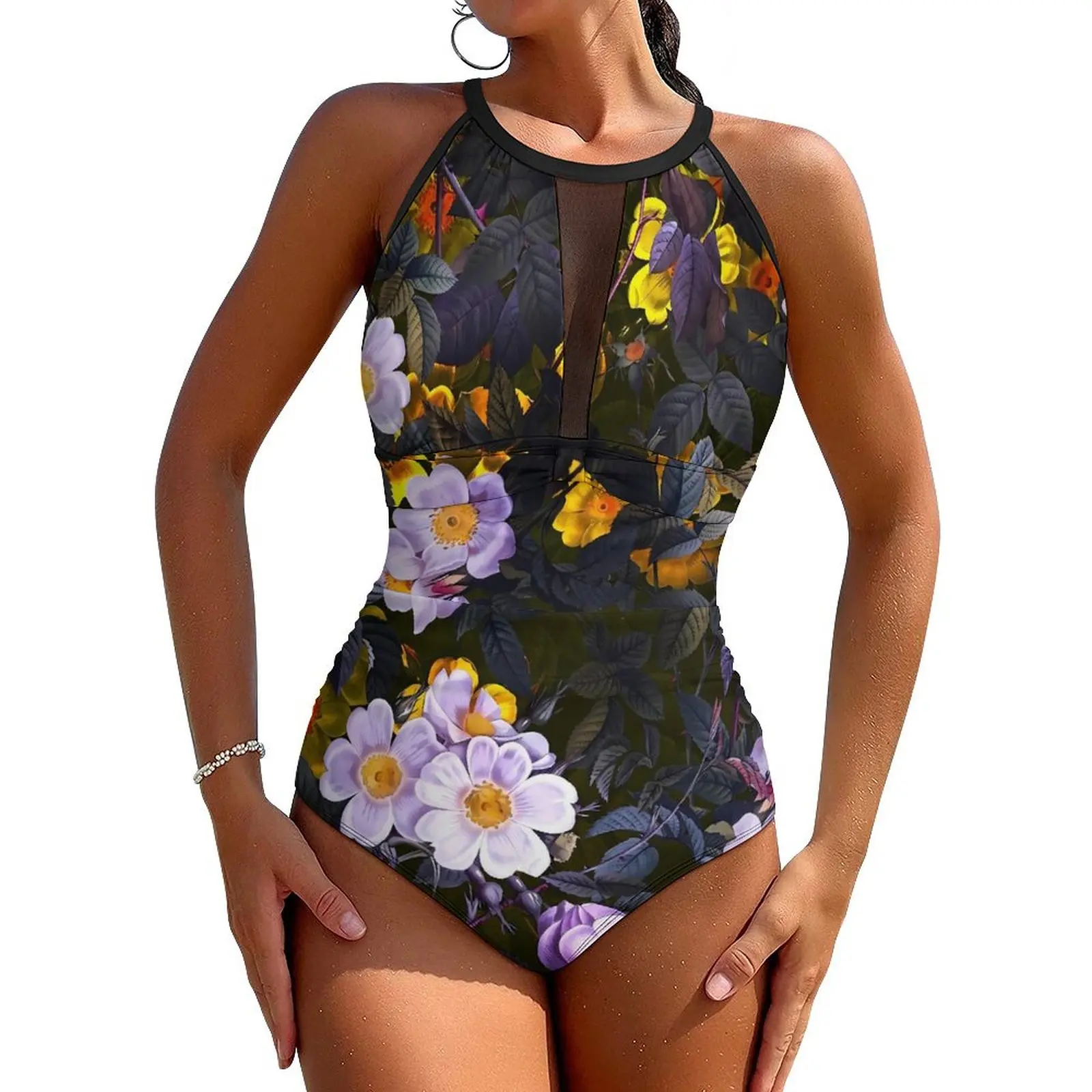 Bañador Floral púrpura para mujer, traje de baño de una pieza con diseño de bosque de medianoche, traje de baño Sexy con realce, ropa de playa