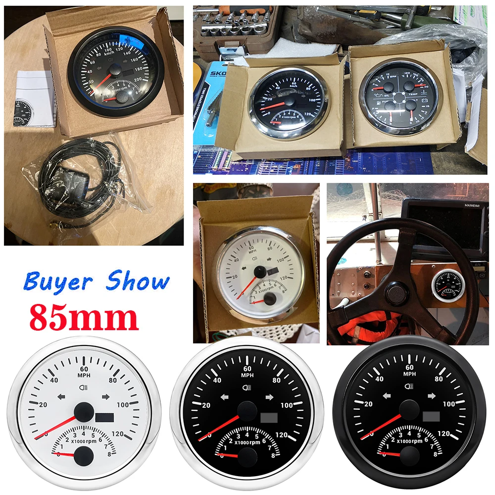 

85mm Boat Marine GPS Speedometer Gauge 0-120MPH 0-8000RPM 2 in 1 Car Tachometer with Turn Signal Light Red LED Backlight 12V 24V