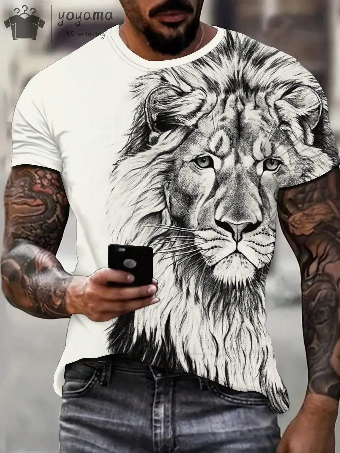 Novidade-Vintage de manga curta Hip Hop Lion Print Mens T-Shirt Oversized O Neck Tees Casal Moda Streetwear T-Shirt Oversized