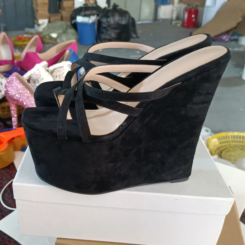 SHOFOO shoes Fashion women's high heeled slippers About 15 cm heel height Suede surface Wedges heeled outdoor slippers Summer