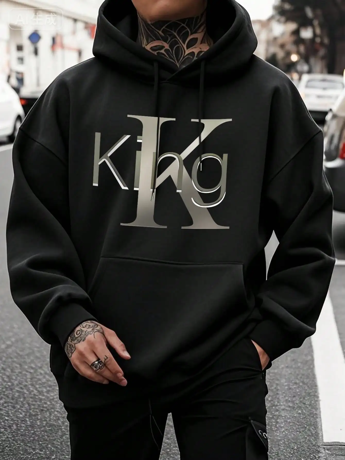 Men King Overlapping Letter 3D Metallic Effect Graphic Hoodie Large K Overlay Text Print Pullover Sweatshirt Autumn Winter Kangaroo Pocket Black Streetwear Hooded Tops Unisex