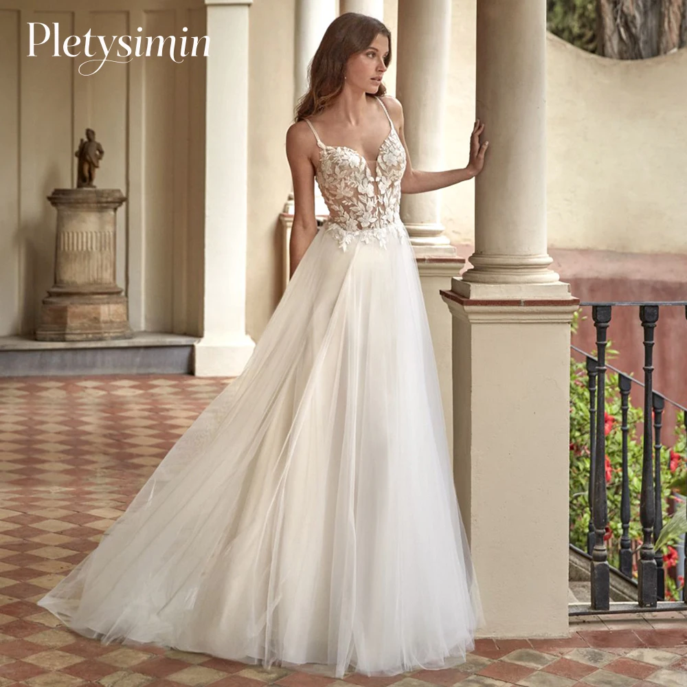 우아한 튤 A라인 웨딩 드레스 섹시한 V넥 레이스 아플리케 신부 드레스 스파게티 스트랩 보헤미안 베스티도 데 노비아 맞춤 제작