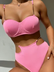 Push Up Bikini 2024 Women Chain Link Swimwear Female Pink Swimsuit High Waist Bathing Suit Swimming Summer Beachwear