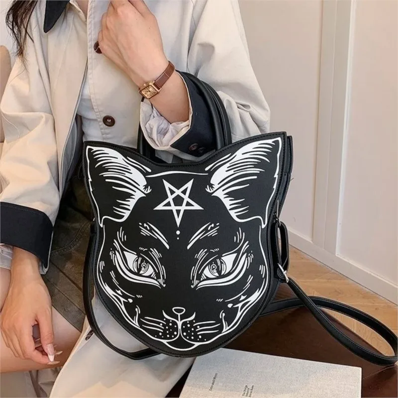 

Harajuku Dark Gothic Handbag Women Punk Halloween Cat Face Shoulder Bag Ladies Creative Large Capacity Leather Crossbody Bag New