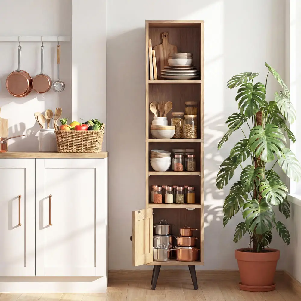 6-Tier Tall Narrow Bookcase 54 Inches Slim Storage Cabinet-Natural