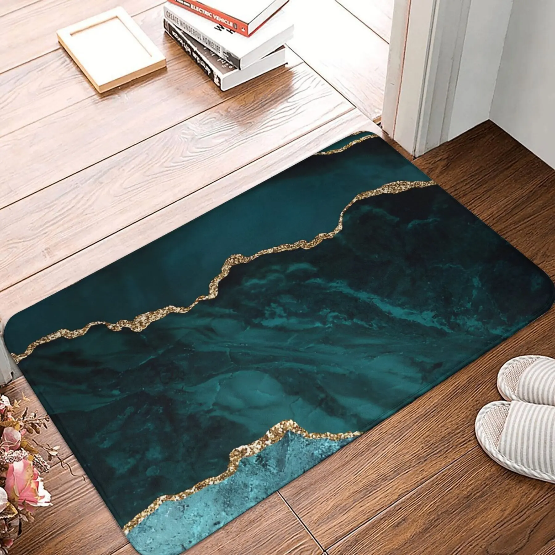 

Luxury Blue and Teal Faux Malachite Marble Doormat-Soft Flannel Polyester with Gold Trim, Machine Washable, Great for Home Decor