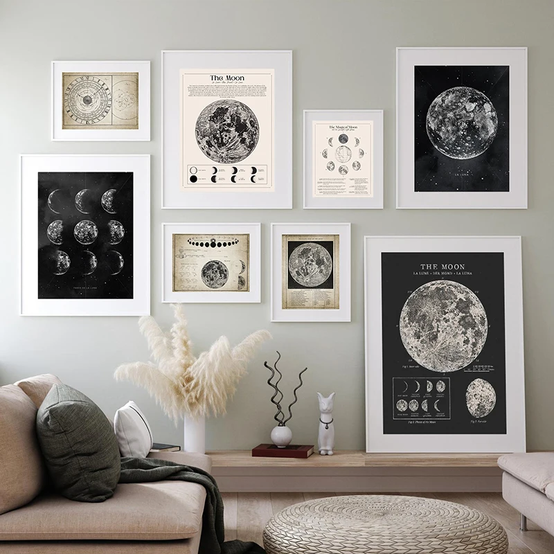 Vintage Full Moon Map Reproduction Wall Art Print Poster Lunar Astronomy Moon Chart Canvas Painting Picture Home Wall Art Decor