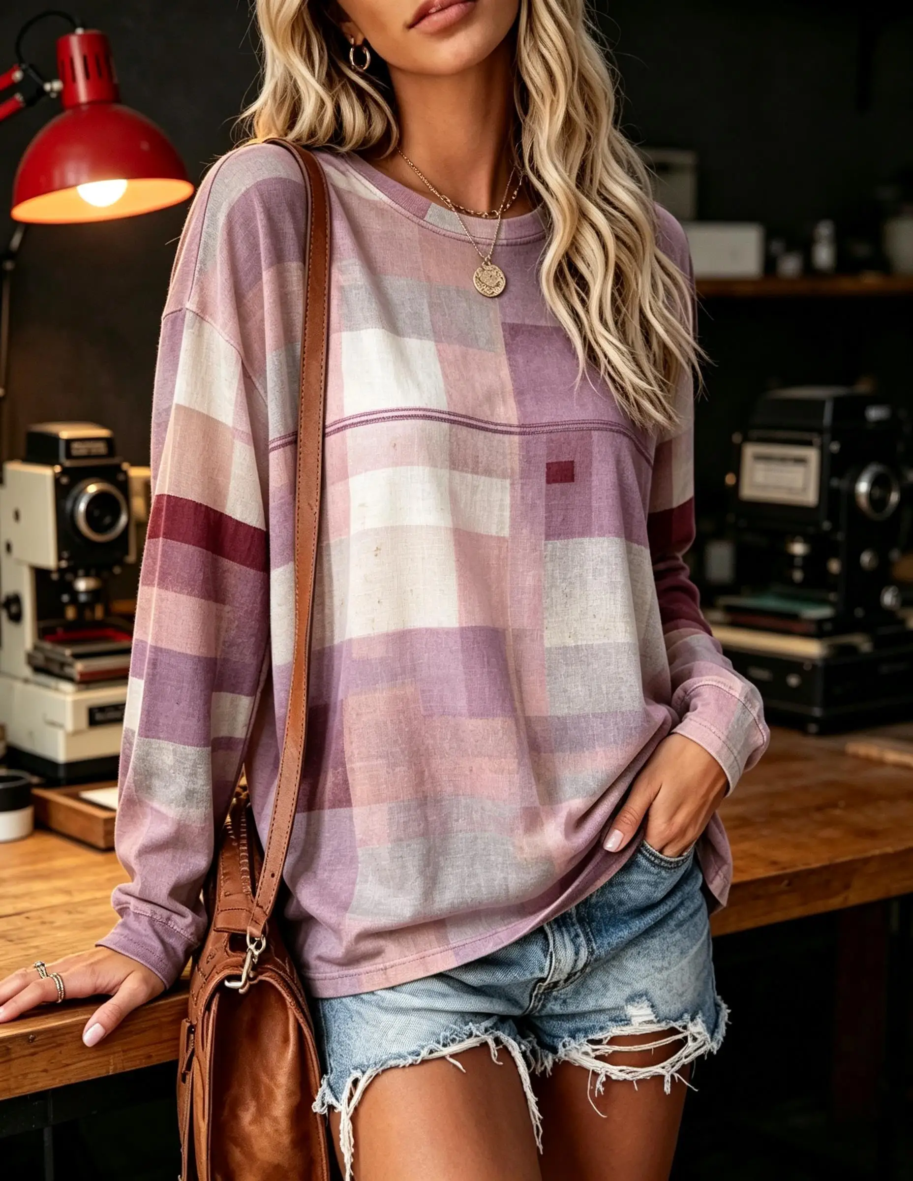 Women Crew Neck Long Sleeve T Shirt Vintage Faux Plaid Block Texture Flat Print Oversized Loose Casual Top