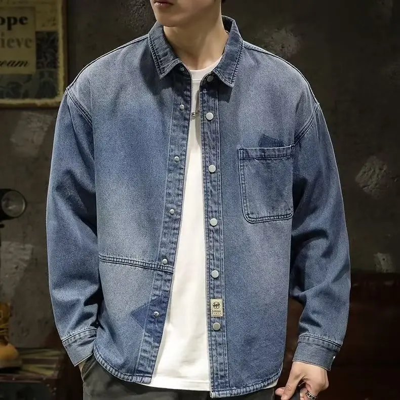 Men's Thin Denim Jacket Solid Color Lapel Shirt Simple and Slim Fit Daily Casual Spring and Summer