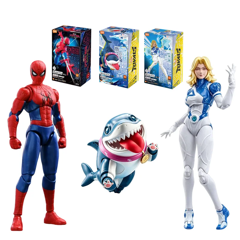 Blokees Rivals Assemble - Kit de Modelos de Acción Articulados de 36 Puntos: Jeff, el Tiburón Terrestre, Mujer Invisible y Spider-Man