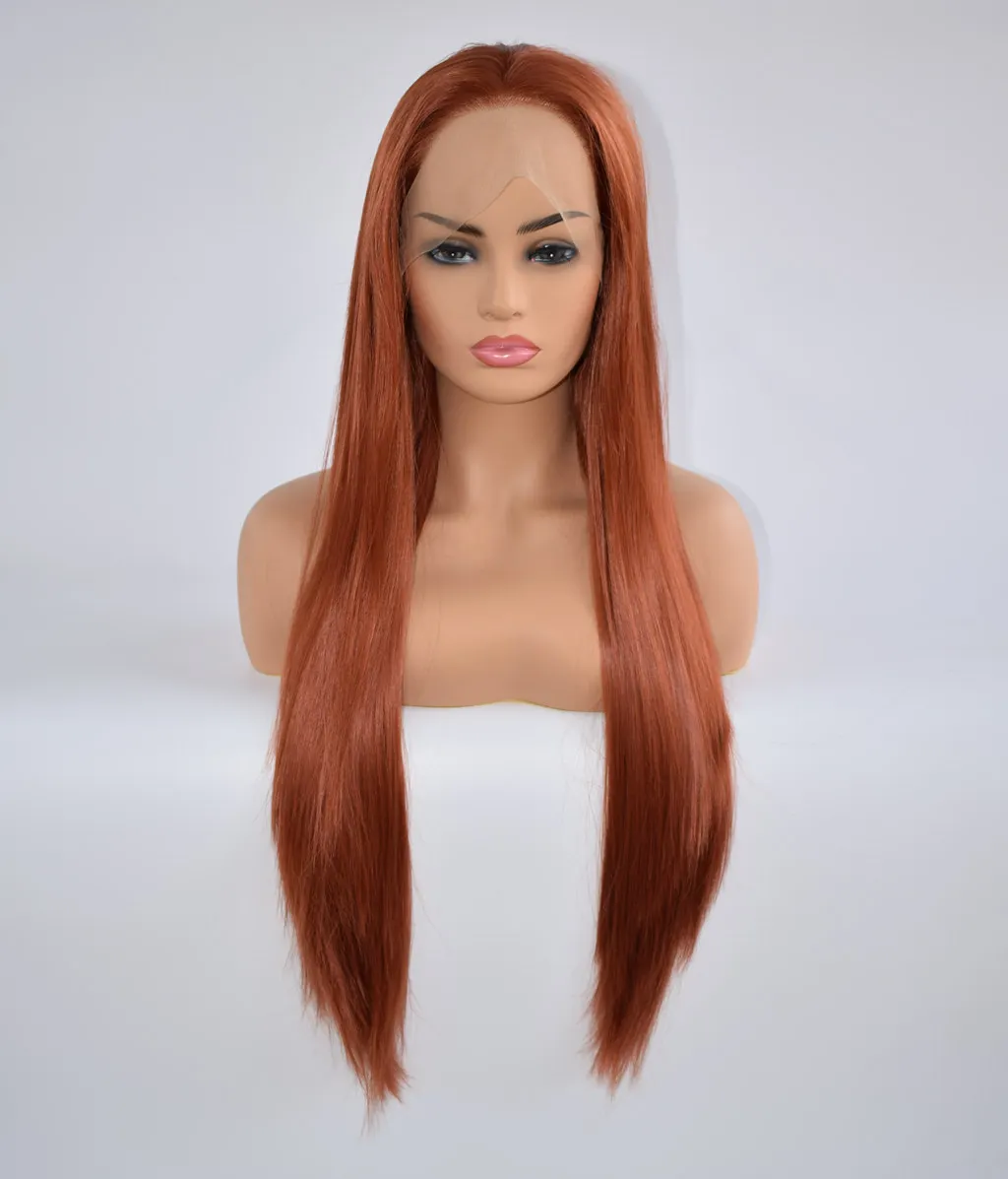 Reddish Brown Silky Straight Soft Synthetic Hair Wigs for Women Glueless Transparent Lace Front Wigs Long Daily Lolita Wigs