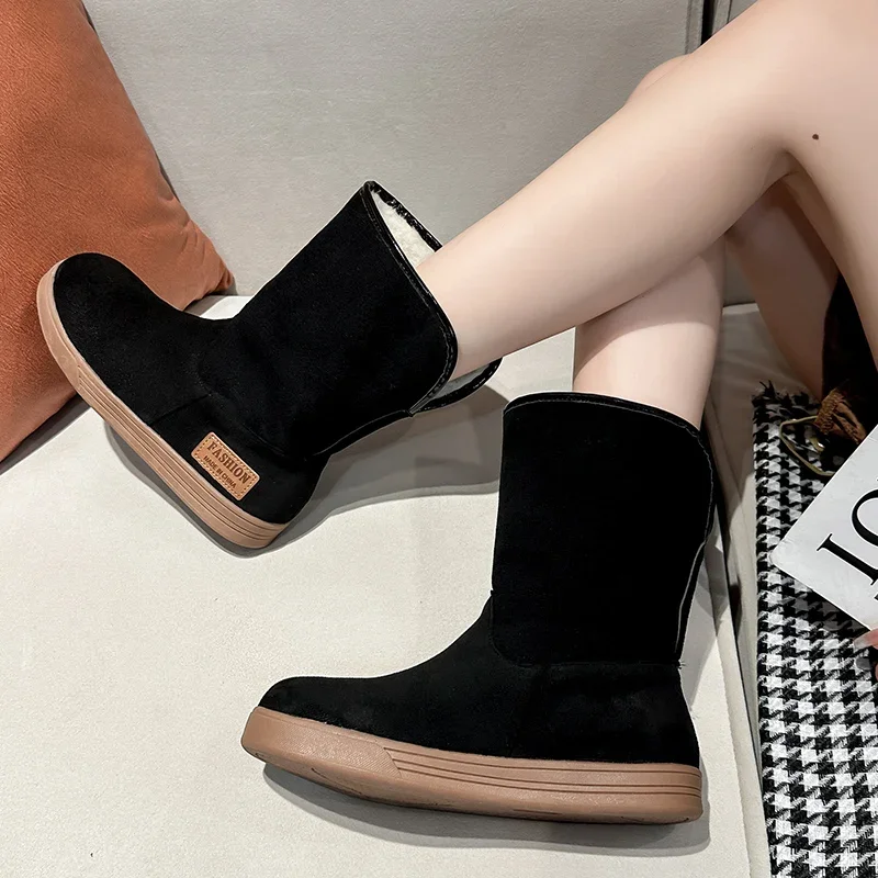 2024 New Shoes for Women Slip on Women\' Boots Winter Round Toe Solid Flock Plush Warm Comfortable Low-heeled Mid Calf Snow Boots