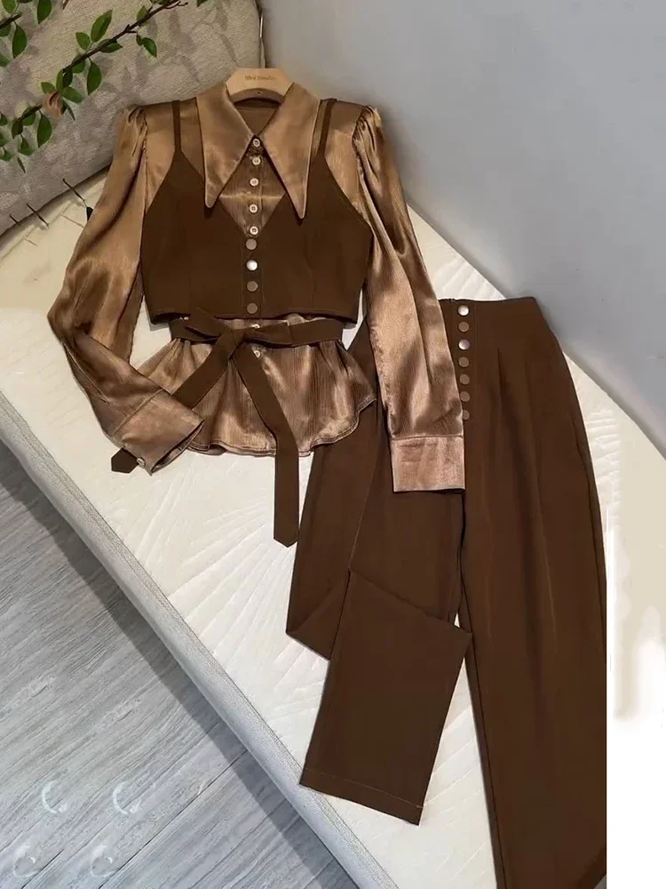 2024 Spring Women Elegant 3 Piece Sets Autumn Korean Fashion Shirts Female Tops High Waist Harem Pant Office Ladies y2k Suits