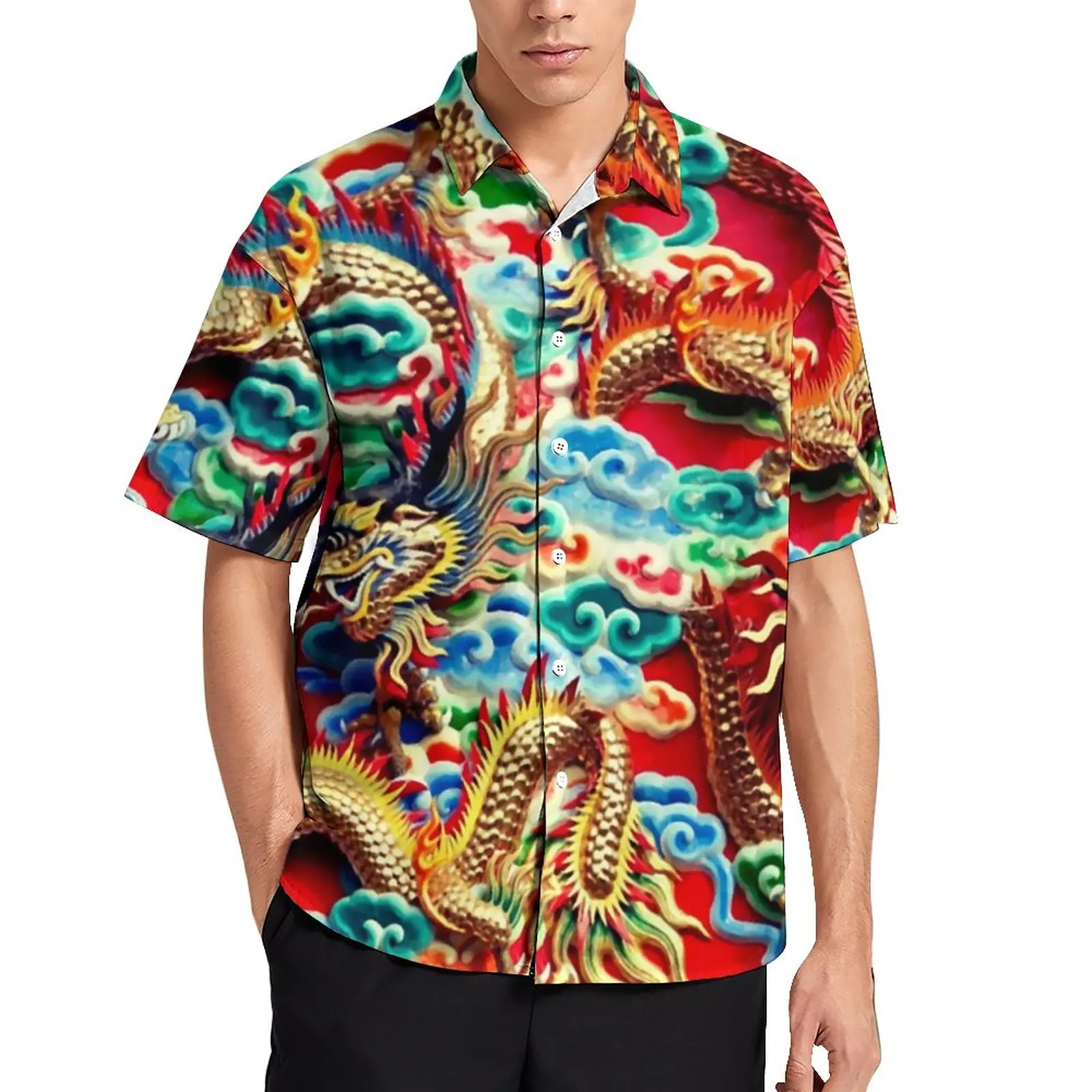 Hawaiian Dragon Pattern Men\'s Shirt Summer Oversized Short Sleeve Elegant Dress Casual Breathable Camping Dazn Gothic Clothes