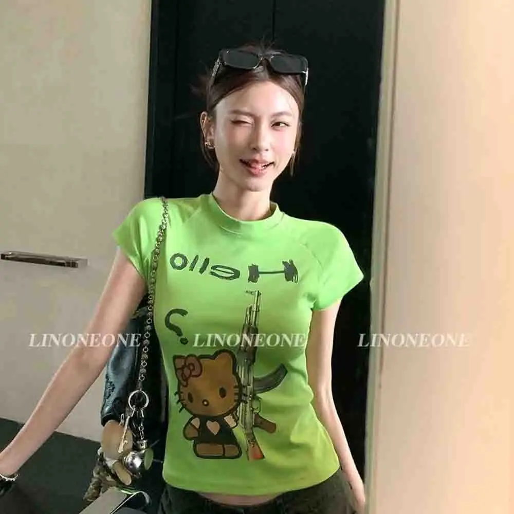 

Sanrio Hello Kitty Women's Short Sleeved T-Shirt with Green Retro Cartoon Printed Pattern Y2K Slim Fit Fashion Spicy Girl Top