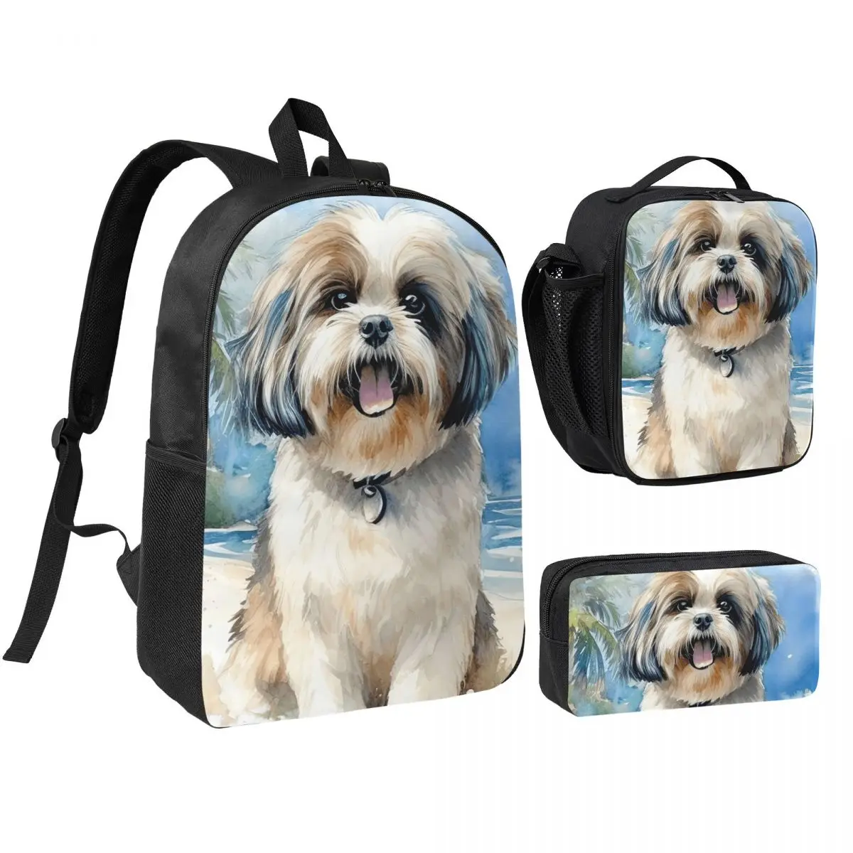 

Shih Tzu On The Beach Backpack Student BookBag School Bag Shoulder Bags 3ps Insulated Lunch Bag Pencil Case