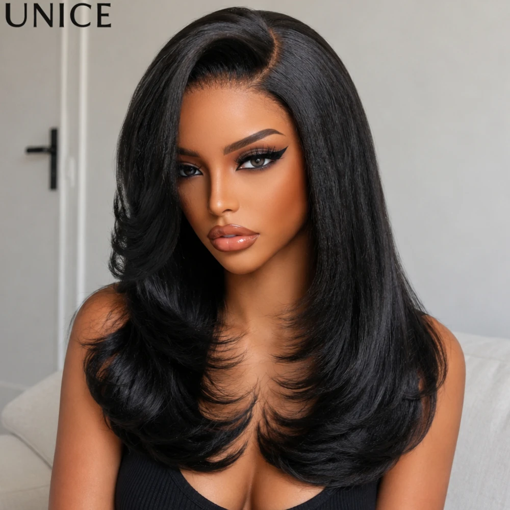 Perruque Bob en cheveux humains lisses Yaki, coupe dégradée avec raie latérale, 7x5, sans colle, avec cordon de serrage invisible UNice