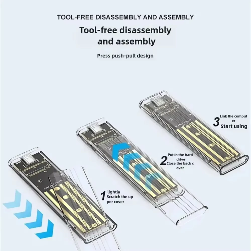 Obudowa M.2 NVME SATA SSD USB3.1 Gen 1 10 Gb/s typu C Przezroczysty zewnętrzny adapter SSD do dysków SSD M2 2230/2242/2260/2280 bez narzędzi