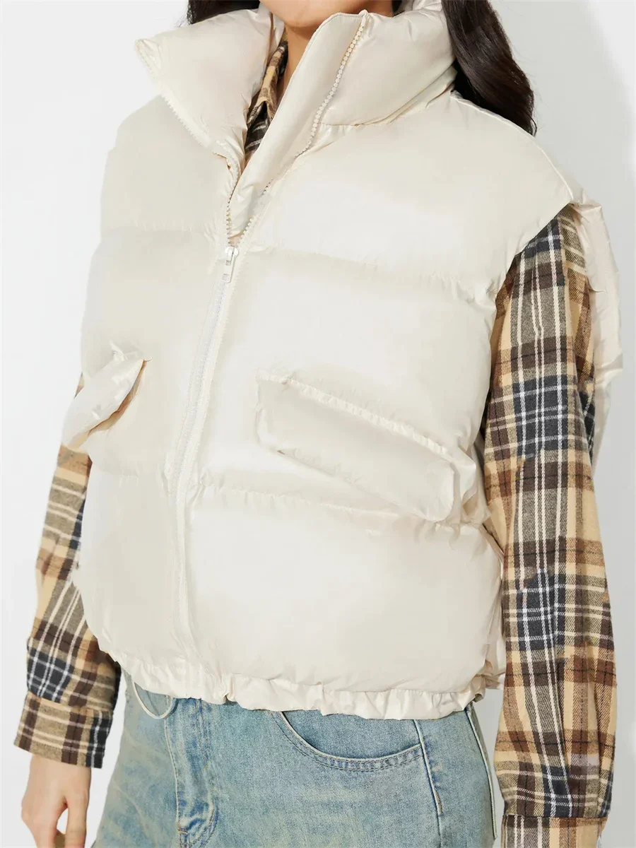 

Stand Collar Zip-up Puffer Cotton Padded Vests Women's Autumn and Winter Sleeveless Casual Short Outwear Jackets