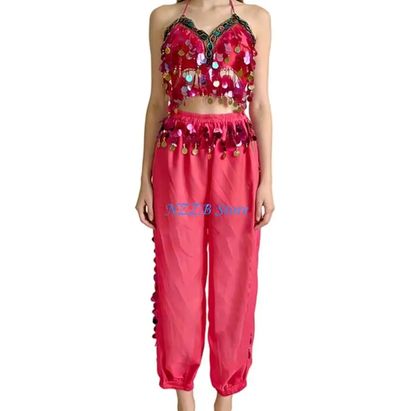 

T21F Women Belly Dance Costume Belly Dance Outfits Belly Dance Coin Bra Top Belly Dancing Trousers for Halloween Party Stage